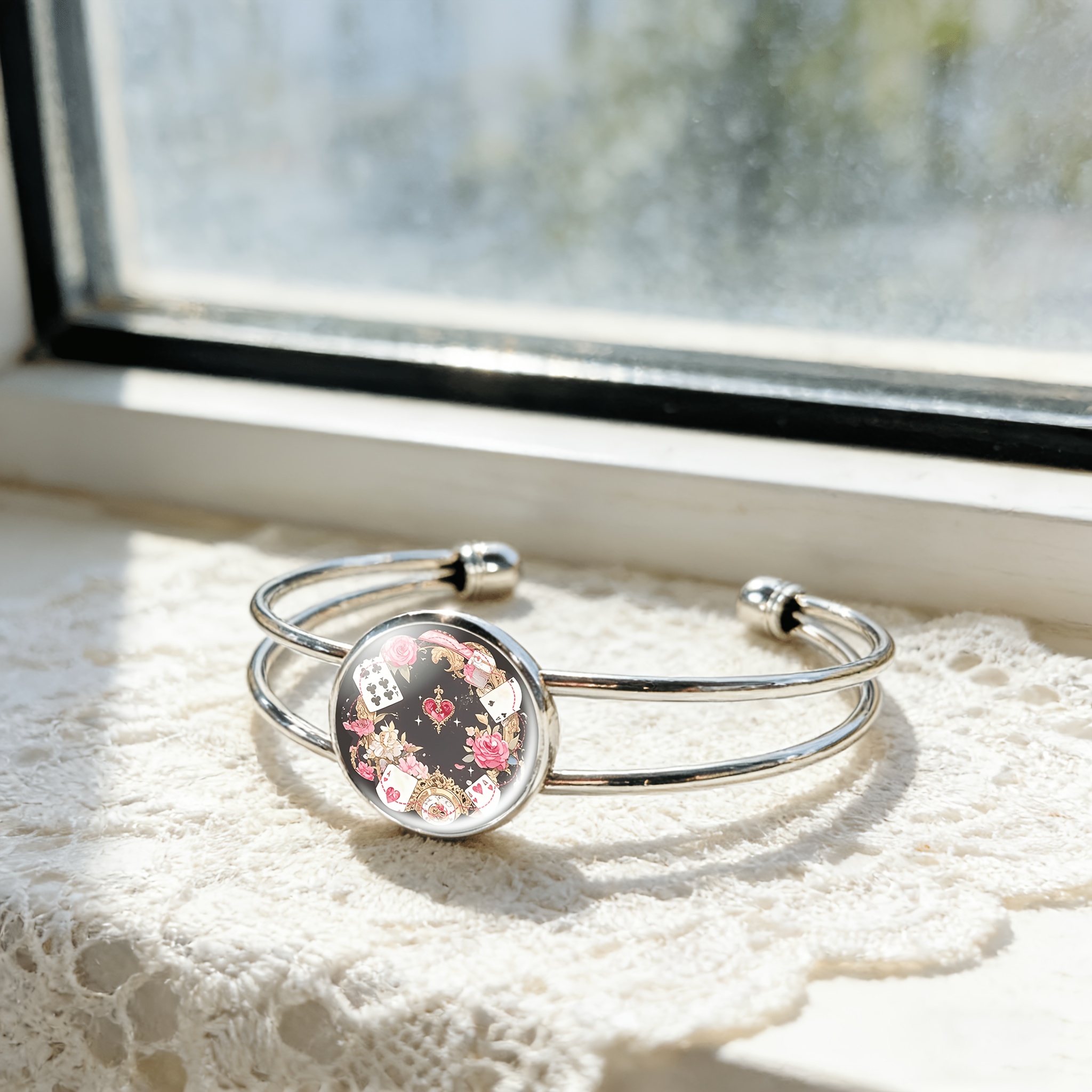 Adjustable Open Bangle with Pink Poker Heart Pattern